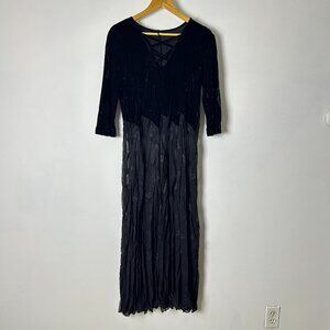 Zoe Black Lace-Up Neck 3/4 Sleeve Velvet Sheer Flowy Skirt Maxi Dress Size Large